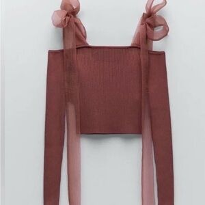 Vintage Vault Zara Dusty Rose Off-the-Shoulder Organza Bow Holiday Sweater